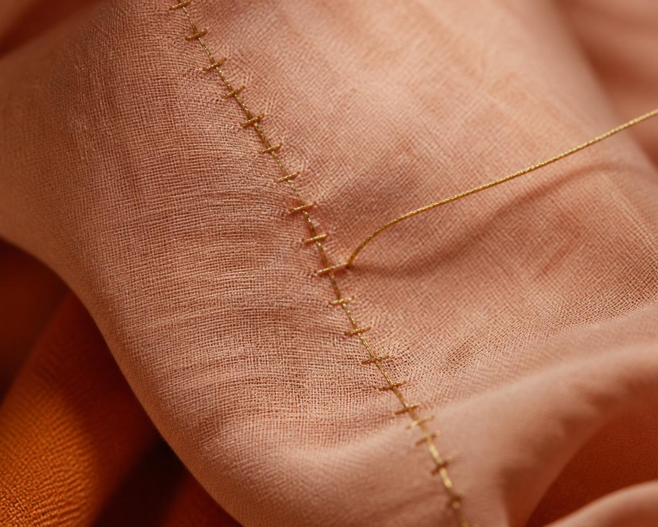 Fio dourado costurando tecido, símbolo de reconstrução
